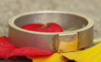 Eenvoudige gematteerde zilveren Lemurië ring met gouden vierkant motief.